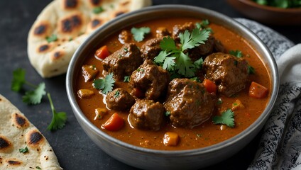 Lamb curry served with naan and fresh cilantro.