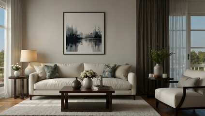 Living room showcasing a white sofa, art frame, and decorative vases.