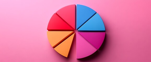 Fototapeta premium Colorful pie chart divided into seven segments on a pink background.