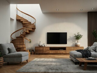 Living room with wooden TV stand, wooden stairs, and a white curved wall. 3D rendering.