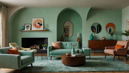 Living room with mint-colored arched walls and mid-century modern decor.1