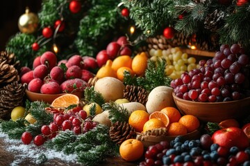 Christmas still life featuring fruits, pine branches and pine cones covered with artificial snow