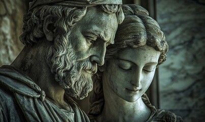 Stone sculpture of a man and woman.