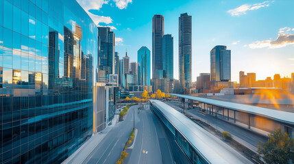 Obraz premium City Skyline and Skyscrapers Under Blue Sky and White Clouds Aerial View