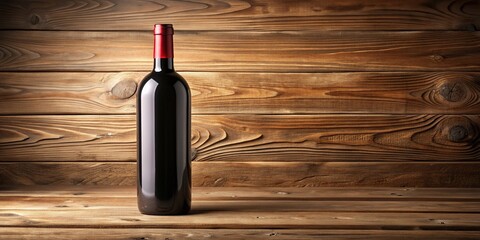 Elegant bottle of rich red wine resting on vintage wooden planks, set against a warm beige background, evoking sophistication and refinement for luxury branding and design.