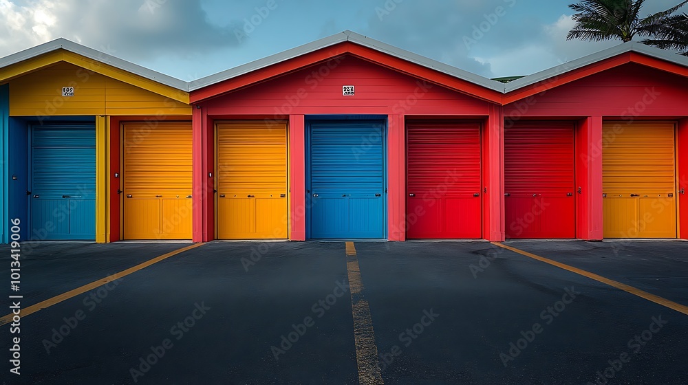 Poster five colorful garage doors with a row of parking spaces in front of them.
