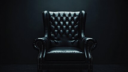 sleek, black leather throne with metal armrests, set in a dark room with moody lighting