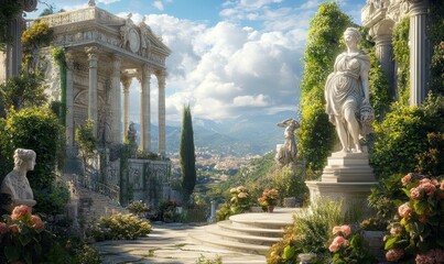 Obraz premium Ruined temple, statues, flowers, and a view.
