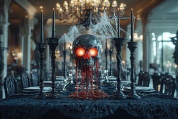 Naklejka premium A luxurious dining room filled with spooky decor: black lace table runners, tall candelabras dripping red wax, and an oversized centerpiece featuring a glowing skull.