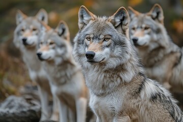 Alpha male gray wolf leading its pack in autumn forest