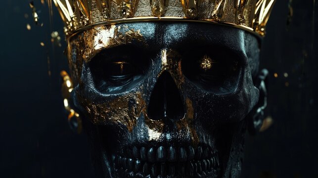 A close-up of a human skull wearing a golden crown. The skull has one eye and is covered in gold paint. It is set against a dark background.