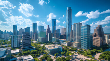 Obraz premium City Skyline and Skyscrapers Under Blue Sky and White Clouds Aerial View