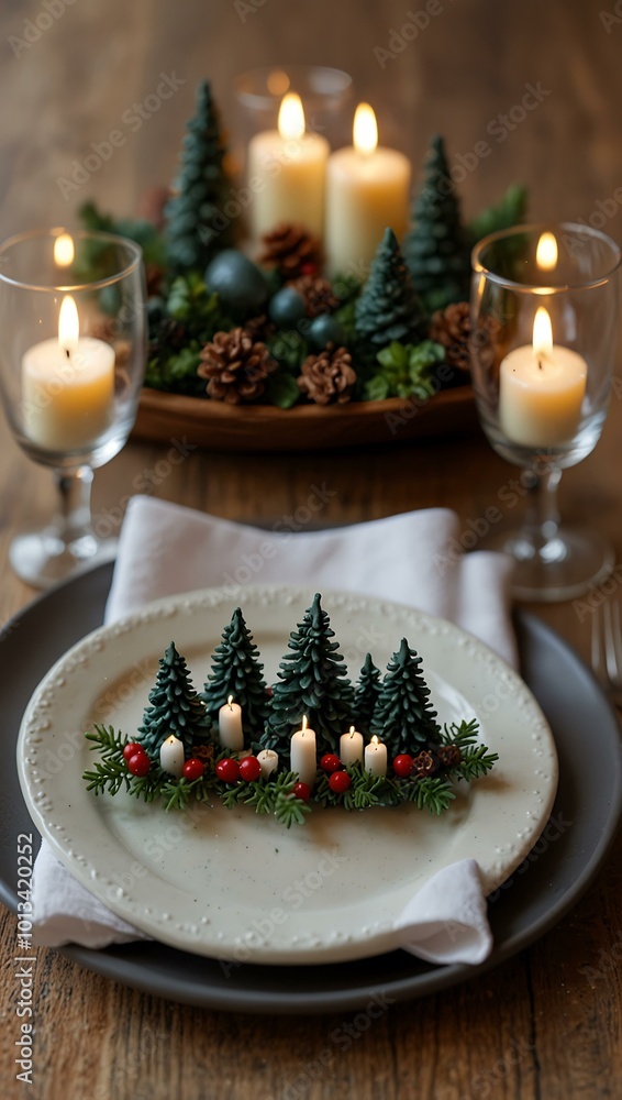 Poster miniature christmas table setting with trees and candles