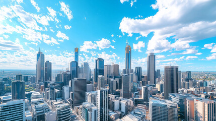 Fototapeta premium City Skyline and Skyscrapers Under Blue Sky and White Clouds Aerial View
