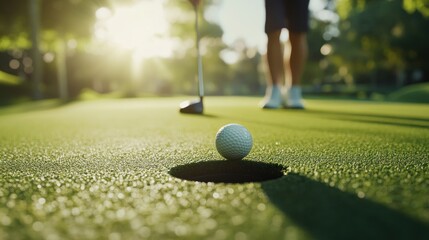 A close-up of a golf ball near a hole on a putting green, with a golfer in the background.