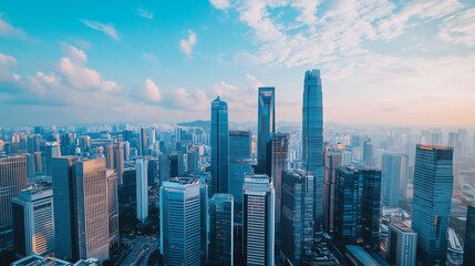 City Skyline and Skyscrapers Under Blue Sky and White Clouds Aerial View