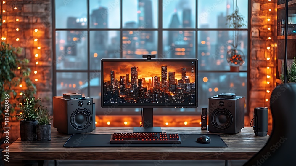 Poster modern workspace with a computer, keyboard, mouse, and speakers in front of a large window with a vi