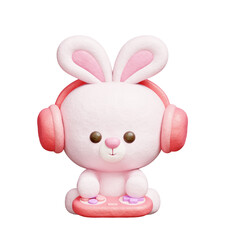 3D cute rabbit playing video game, Cartoon animal character, 3D rendering.