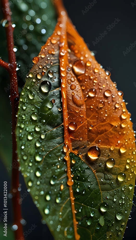 Poster water drops on a green leaf. macro shot with shallow depth of field generated by ai