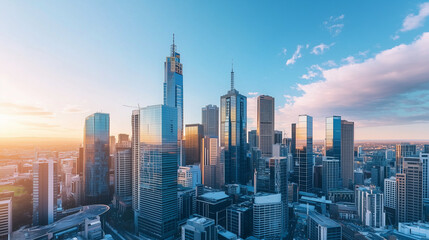 Fototapeta premium Aerial View of City Skyline and High-Rise Buildings Under Blue Sky and White Clouds