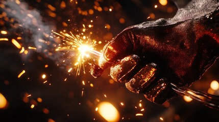 A hand holding a sparkler, creating bright sparks against a dark background.