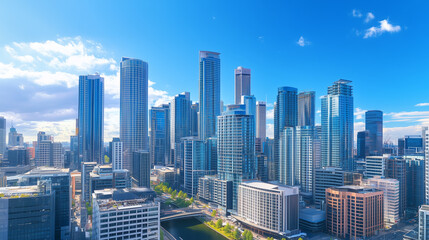 Fototapeta premium Aerial View of City Skyline and High-Rise Buildings Under Blue Sky and White Clouds