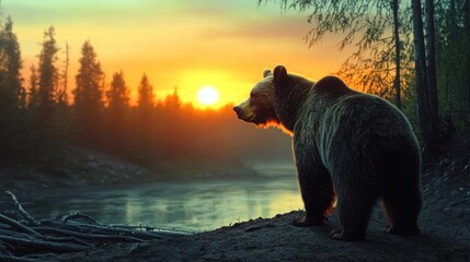 A grizzly bear standing at the edge of a forest, scanning the horizon as the sun rises.