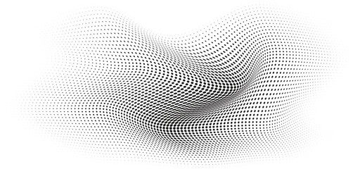 Flowing Wave Dot Halftone Pattern: Curve Gradient Shape on Transparent Background. Suitable for AI, Tech, Network, Digital, Science, and Technology Themes.