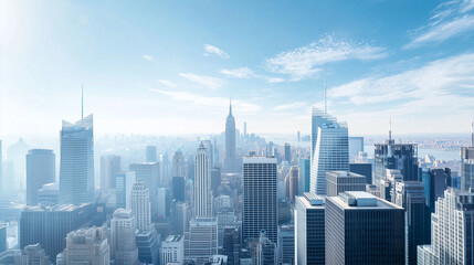 Fototapeta premium Aerial View of City Skyline and High-Rise Buildings Under Blue Sky and White Clouds