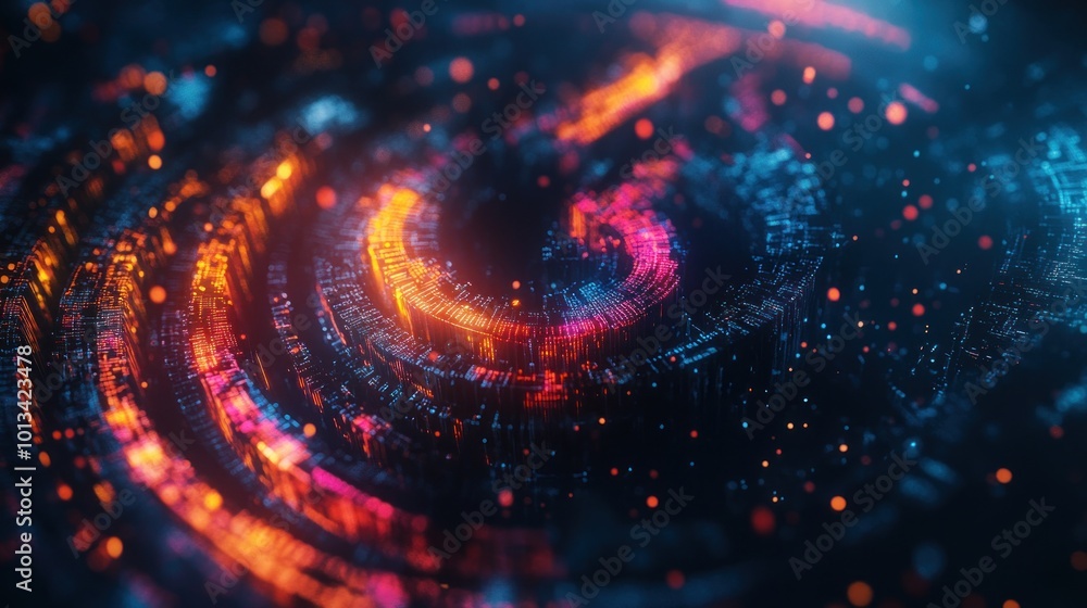Poster a vibrant abstract representation of swirling data patterns and light.