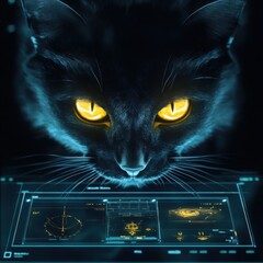 interface displaying with yellow glowing eyes of an elegant black cat appearing behind it