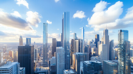 Fototapeta premium Aerial View of City Skyline and High-Rise Buildings Under Blue Sky and White Clouds
