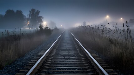 Fototapeta premium Railway track in the fog at dawn—long exposure photo Generated by AI