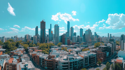 Fototapeta premium Aerial View of City Skyline and High-Rise Buildings Under Blue Sky and White Clouds