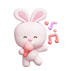 3D cute rabbit dancing and singing with microphone, Cartoon animal character, 3D rendering.