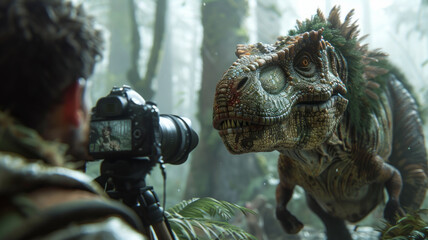 Obraz premium man as a nature photographer missing the moment when a furry epic T-Rex in feather-shroud walks by