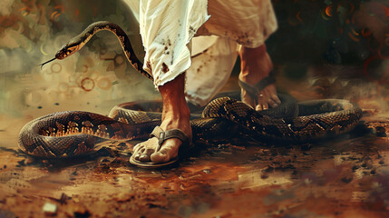A male person wearing white robe and sandals, symbolizing Jesus Christ, stepping over the snake, crushing her head and body. Reference to Book of Genesis from the Holy Bible and God's promises