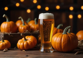 glass of beer on a background of pumpkins, Halloween, party in a bar