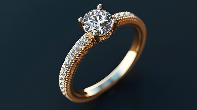Diamond Engagement Ring with Gold Band on a Black Background - Powered by Adobe