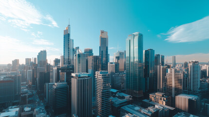 Fototapeta premium City Skyline and Skyscrapers Under Blue Sky and White Clouds Aerial View