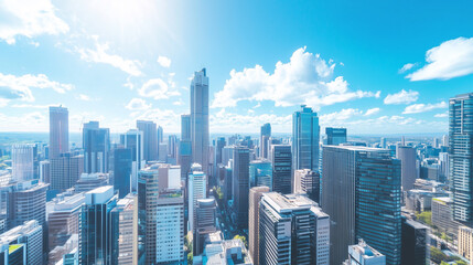 Obraz premium City Skyline and Skyscrapers Under Blue Sky and White Clouds Aerial View