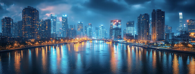Naklejka premium Urban city scape, wide panoramic image of skyscrapers in the evening with shadows on a lake waterfront