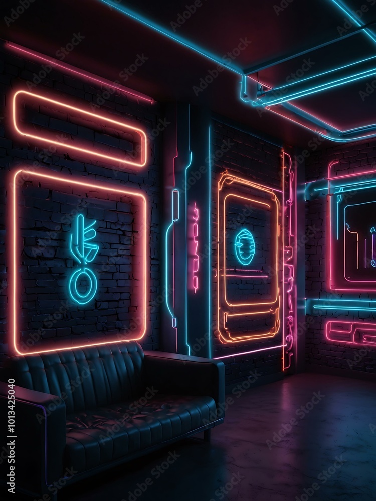 Poster neon backdrop displaying vibrant retro-futuristic elements.