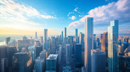 Obraz premium City Skyline and Skyscrapers Under Blue Sky and White Clouds Aerial View