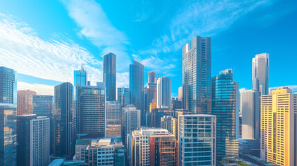 Fototapeta premium City Skyline and Skyscrapers Under Blue Sky and White Clouds Aerial View