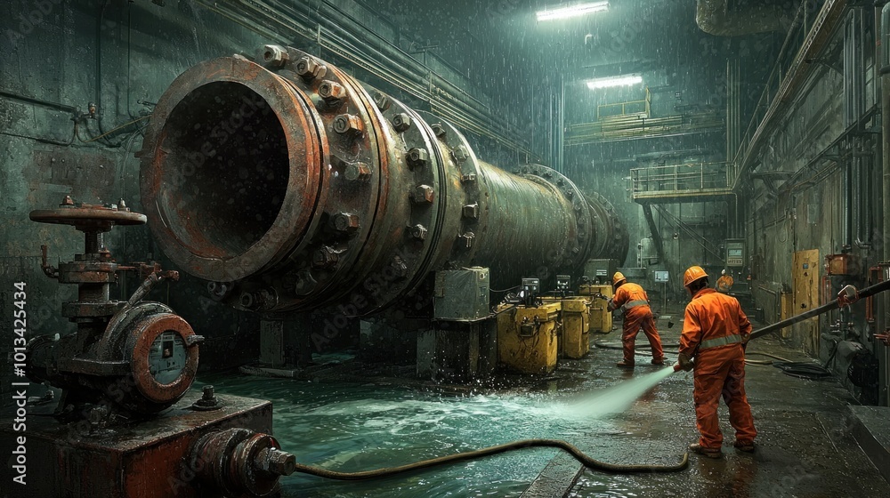 Poster exploring industrial maintenance: a deep dive into machinery and labor in a factory setting