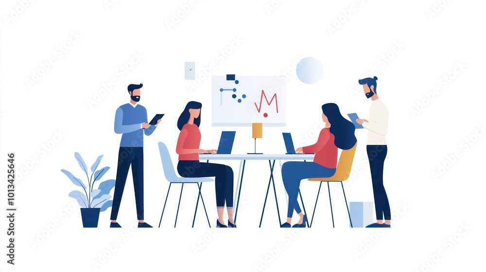 Poster collaborative workspace illustration: team engaging in creative brainstorming and project developmen