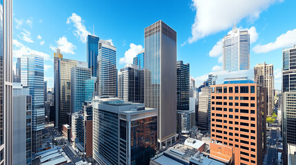 Fototapeta premium City Skyline and Skyscrapers Under Blue Sky and White Clouds Aerial View