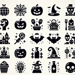 Halloween icon set.  Solid icons collection, background, banner, card, poster, template, elegant
