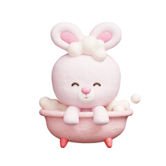 3D cute rabbit bathing shower in bathtub, Cartoon animal character, 3D rendering.